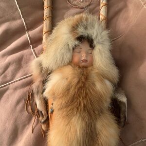 Vintage Alaskan Eskimo Doll. Porcelain Head-Hair Buffalo-Fur Fox-Leather Deer